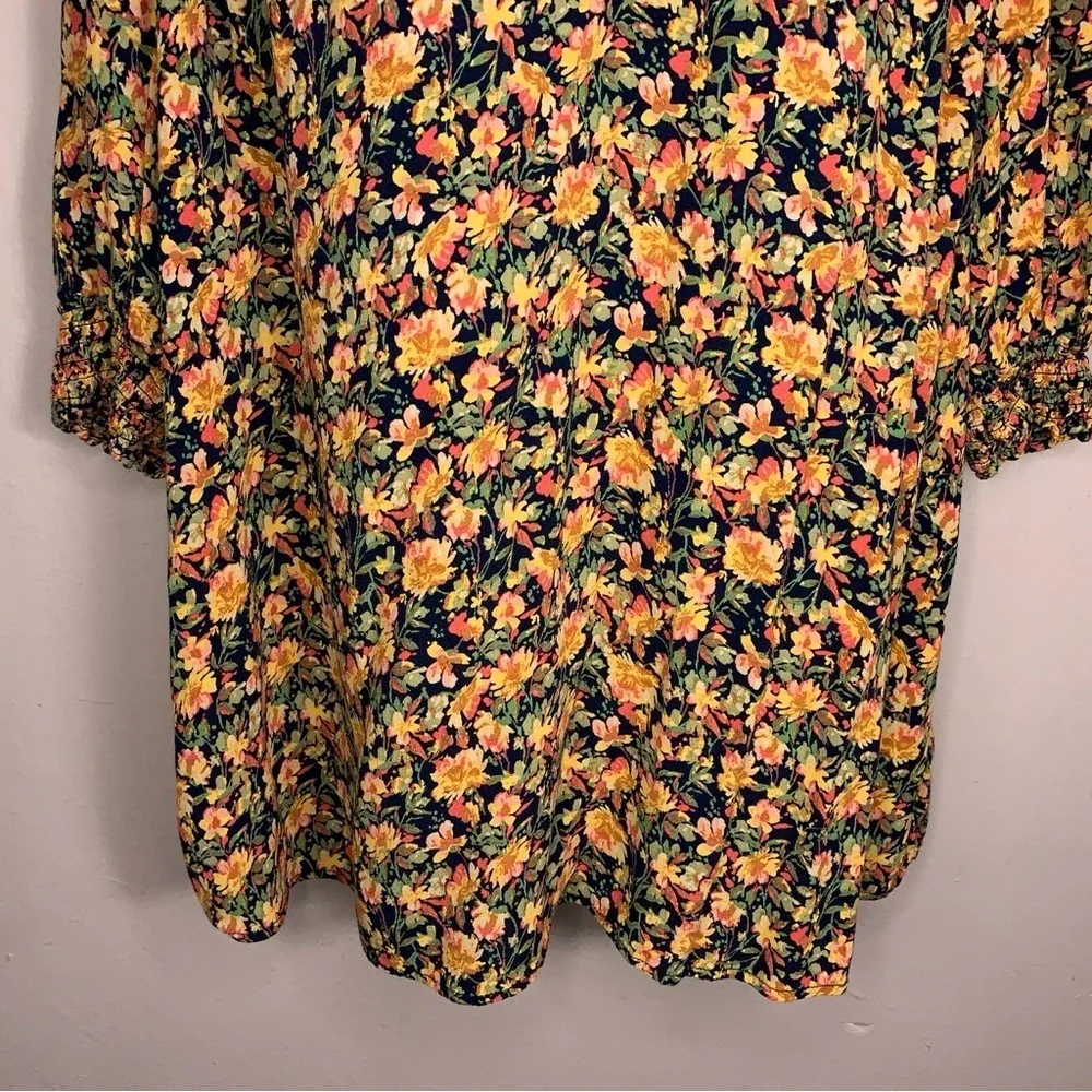 1X Terra And Sky Colorful Floral Peasant Top Orange Yellow Black Sweetheart Neck